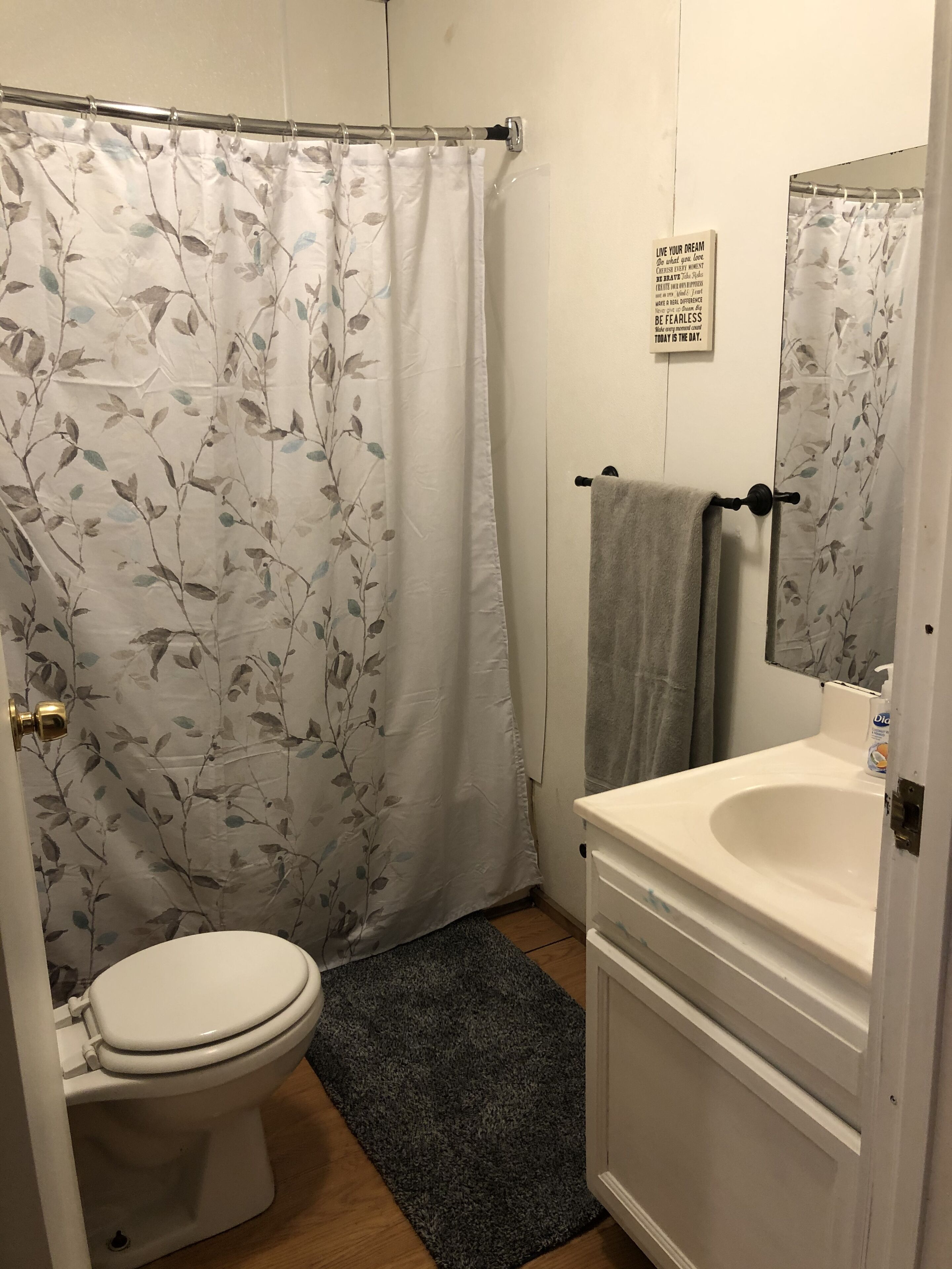 A bathroom with a toilet, a sink, a mirror, and a shower curtain with a floral pattern.