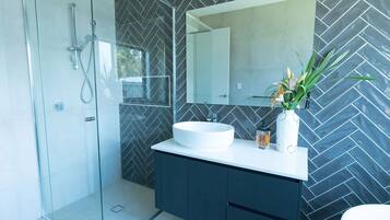 Hair dryer, towels, soap, shampoo