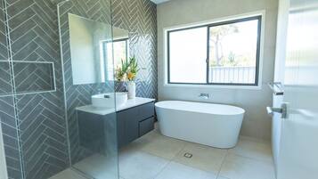 Hair dryer, towels, soap, shampoo