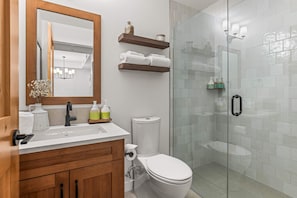 Hair dryer, towels, soap, shampoo