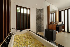 Villa, 1 King Bed, Pool View | Bathroom | Rainfall showerhead, free toiletries, hair dryer, towels