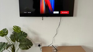 Et fladskærms-tv ophængt på en væg, med en stikkontakt og en plante nedenunder.