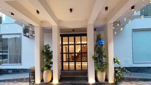 Een hotelentree met een glazen deur, plantenpotten en een betegelde vloer.