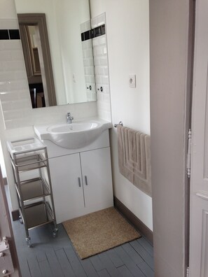 A bathroom with a white sink, mirror, and cabinet, a small rug, and a door to another room. - Maison du Chatelain - Zoo de Beauval (Saint-Aignan)