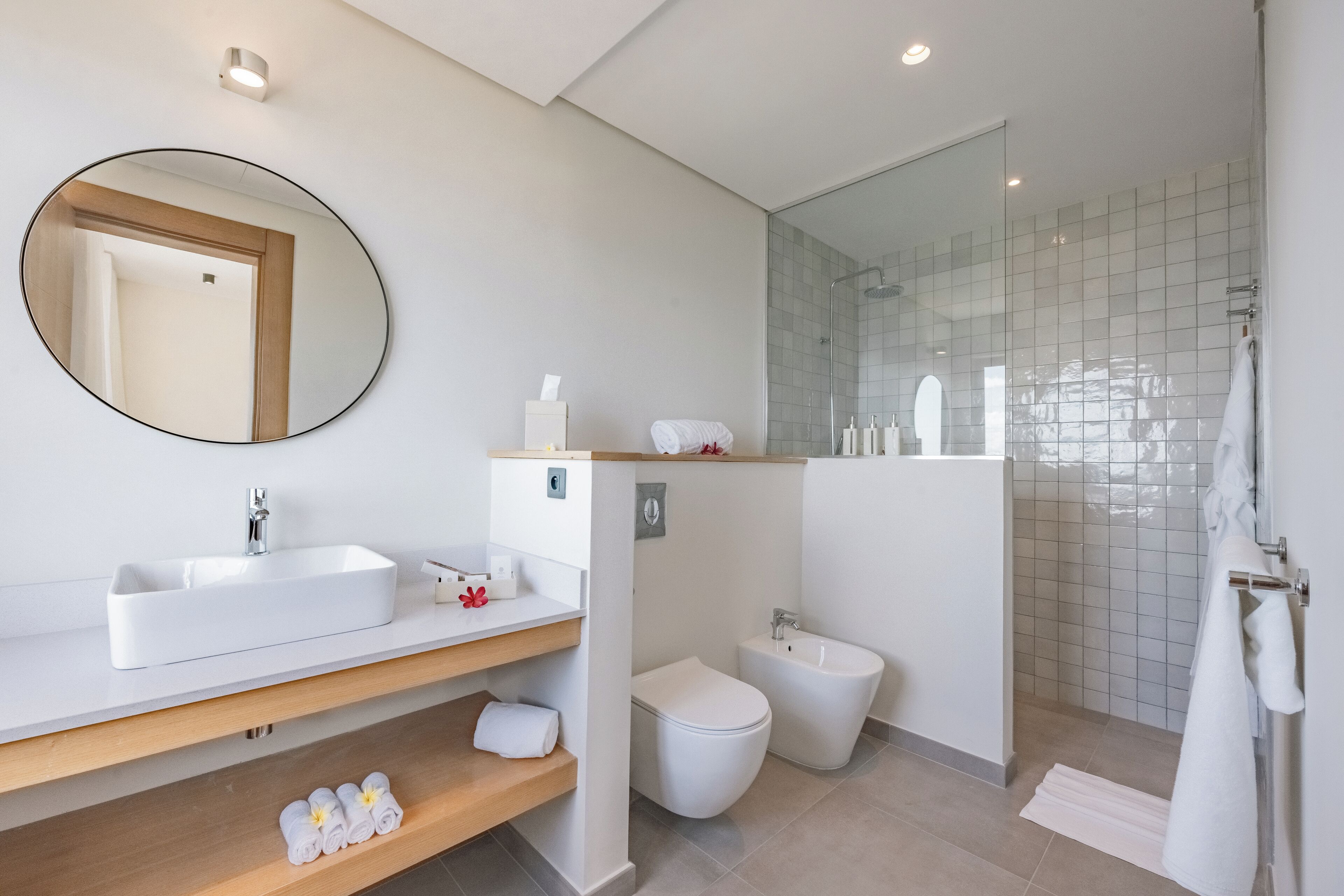 A modern bathroom with a large oval mirror, a rectangular sink, a bidet, and a glass-enclosed shower.