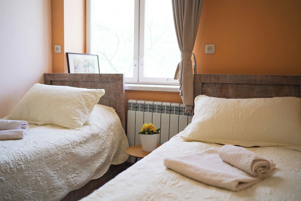 A hotel room with two beds, each with a white bedspread and pillows, a small table with a potted plant, and a window with curtains.