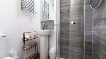 A modern bathroom with a glass shower enclosure, a white sink, and a toilet.