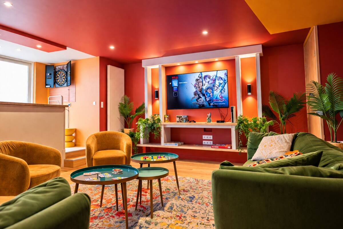 Een moderne woonkamer met een flatscreen televisie, comfortabele zithoek en een decoratieve wandunit.