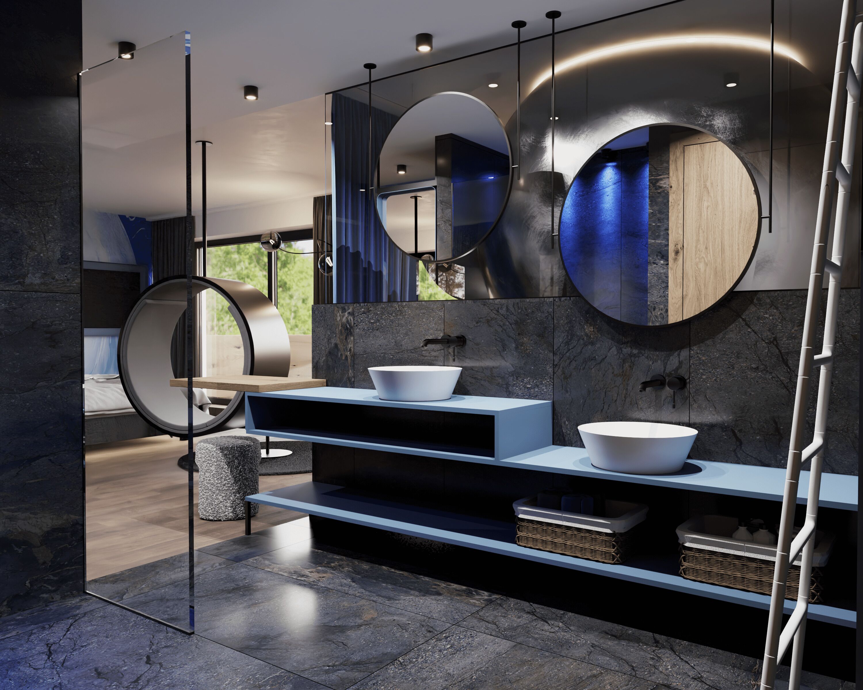A modern bathroom with a large mirror, two sinks, and a bench.