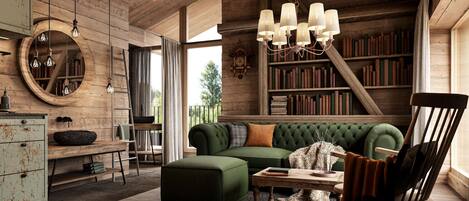 Un salon de style rustique avec un canapé vert, des étagères en bois, une échelle en bois et un lustre.
