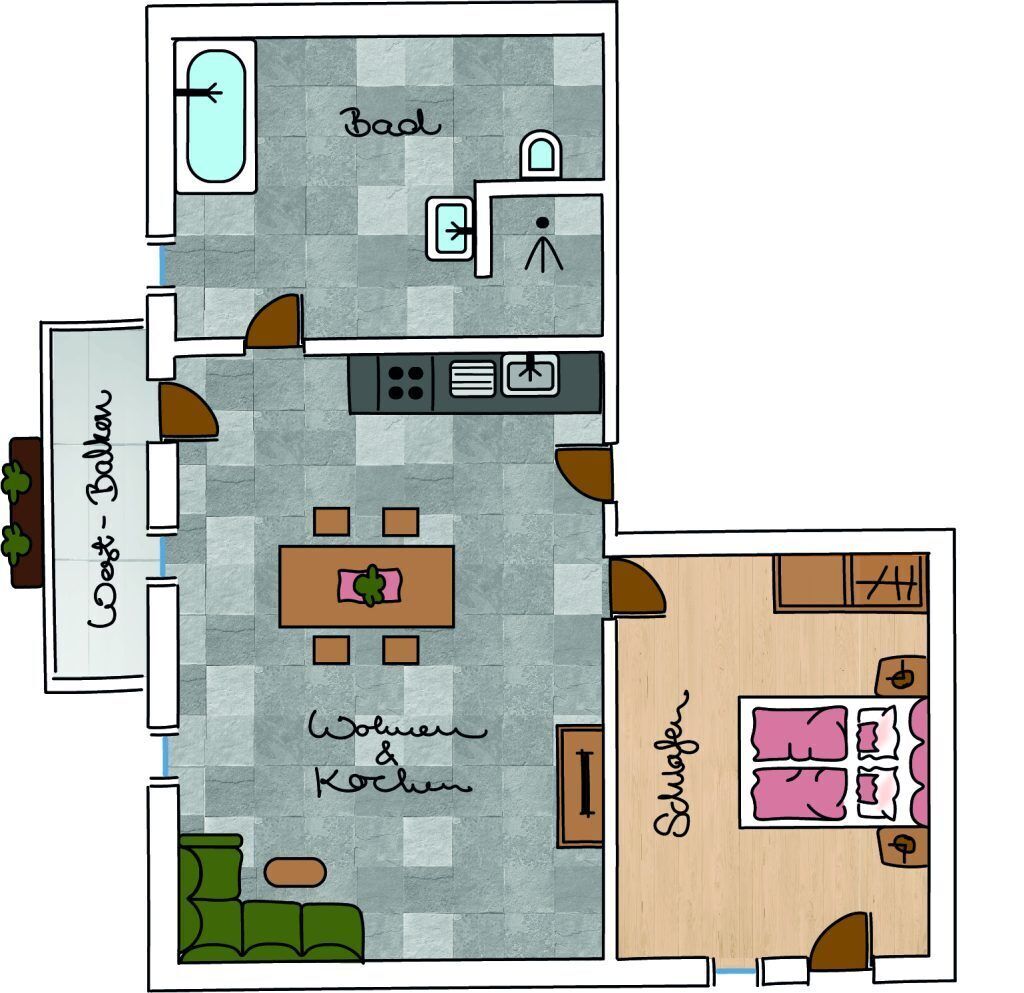 Silberg 1-4 Personen, 57m², 1 SZ, 1 WSZ, Balkon-Grundriss