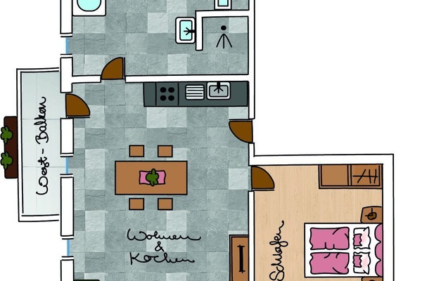 Silberg 1-4 Personen, 57m², 1 SZ, 1 WSZ, Balkon-Grundriss