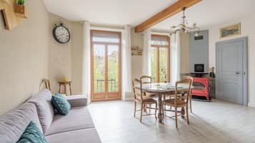 Smart TV, fireplace, DVD player, books