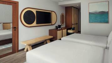 Ein modernes Hotelzimmer mit einem großen Bett, einer Bank, einem Schreibtisch mit Kaffeemaschine und einem Gemälde an der Wand.