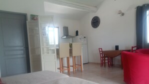 A room with a bed, a desk, a chair, and a dining table.
