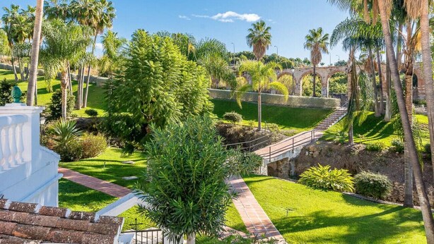 Un jardin luxuriant, avec des palmiers, un pont de pierre et un bâtiment blanc.