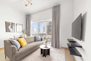 Club Apartment, Balcony | Living area | 50-inch LED TV with cable channels - Silkhaus Art XII - Barsha Heights (Dubai)