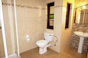 Bathroom features a toilet, sink, and glass shower enclosure.