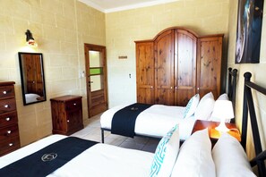 Two single beds with white linens and patterned pillows, a wardrobe with mirror, and a bedside table with lamp.