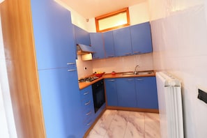Une cuisine avec des meubles de rangement bleus, une cuisinière, un évier et un radiateur.
