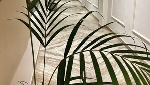 Un couloir doté d’un sol en marbre, de murs blancs et d’une plante en pot.