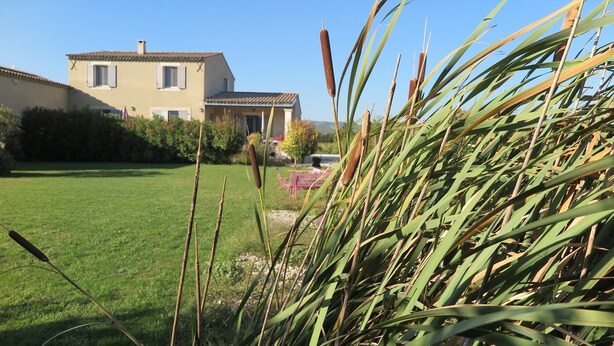 A house with a well-maintained lawn, a patio with a table and chairs, and a clear blue sky. - Cottage in Provence Luberon with swimming pool (Cabrières-d'Avignon)