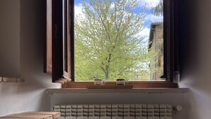 Une pièce avec une fenêtre donnant sur un arbre et un immeuble. Il y a un radiateur sous la fenêtre et un banc en bois sur la gauche.