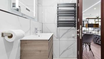 Shower, hair dryer, towels, shampoo