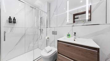 Shower, hair dryer, towels, shampoo