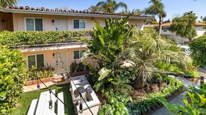 A residential property with a patio, outdoor lighting, and lush greenery.