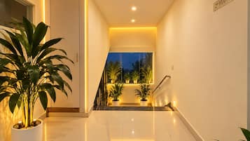 A well-lit hallway with a staircase leading to the 2nd floor, potted plants, and a clean, modern design.