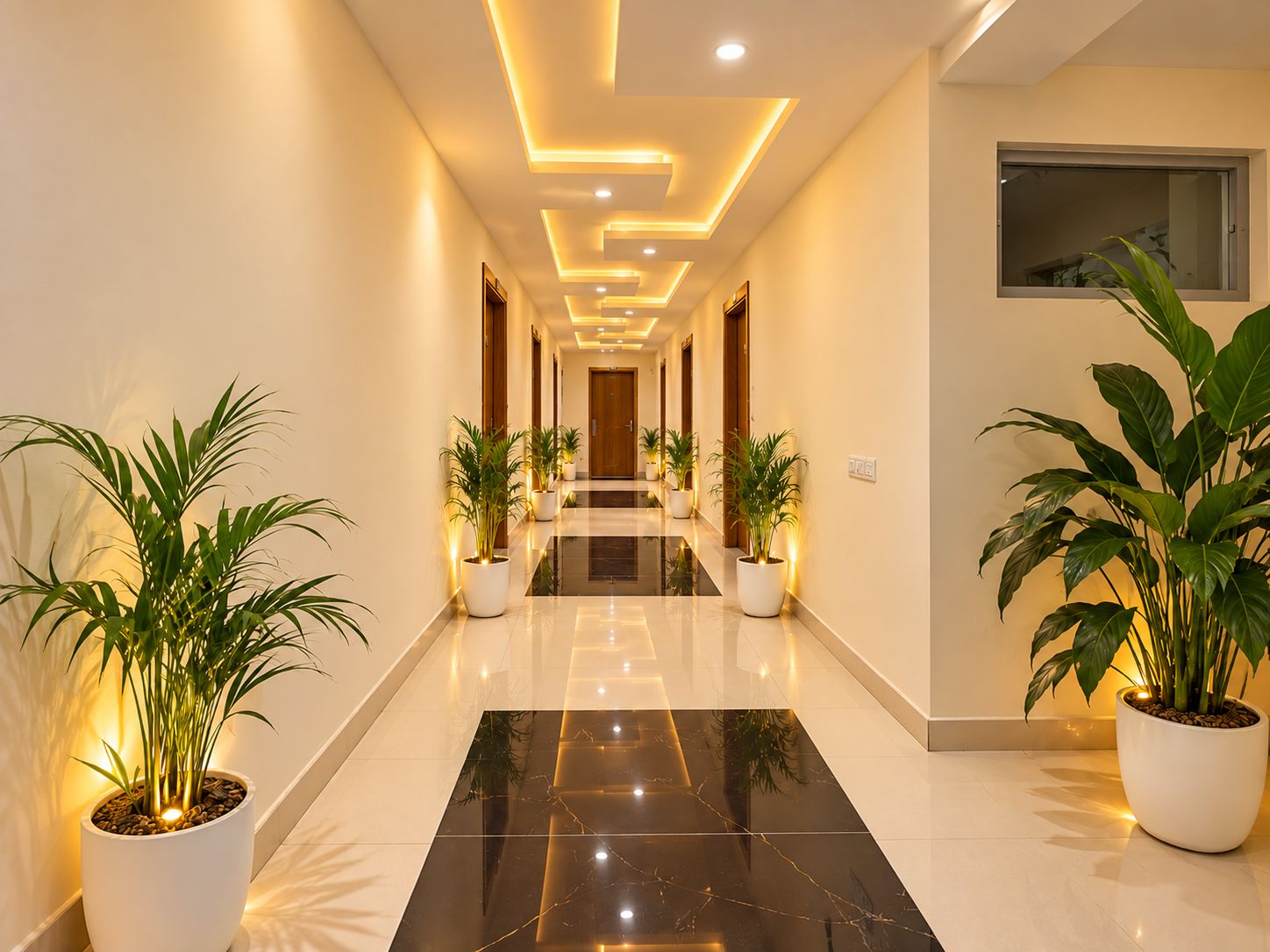 A hallway with a reflective black floor, potted plants, and recessed lighting.