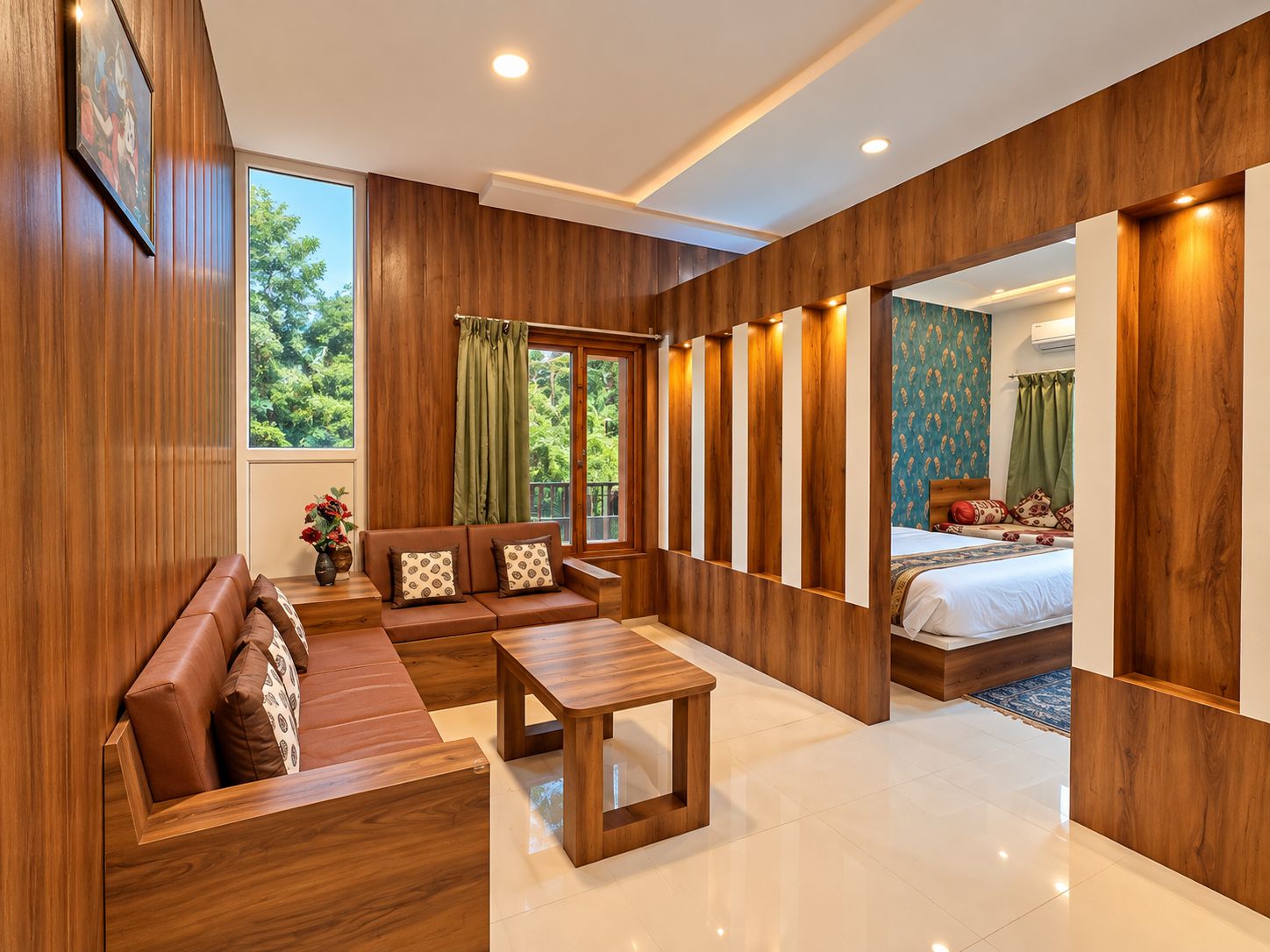 A modern room with a wooden accent wall, a sofa, a small table, and a bed with a patterned headboard.