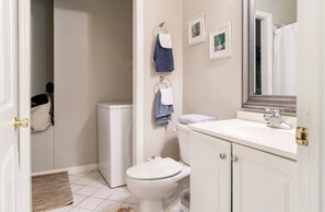 Hair dryer, bidet, towels, soap