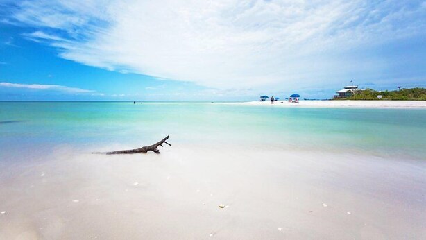 Une plage à l’eau turquoise et limpide, un morceau de bois flotté sur le sable et quelques personnes au loin.
