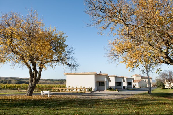 A white building with a flat roof and a paved driveway.