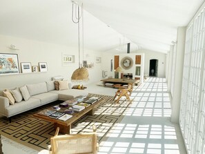 Älytelevisio, takka, pöytätennispöytä, kirjoja