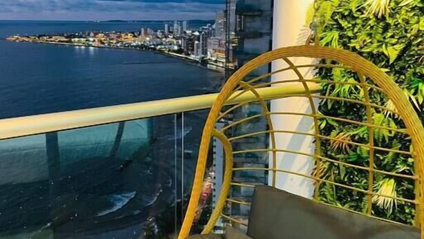A balcony with a view of a city skyline and a body of water. - SPECTACULAR Jewel @ Palmetto Eliptic Bocagrande 34th Floor (Cartagena de Indias)