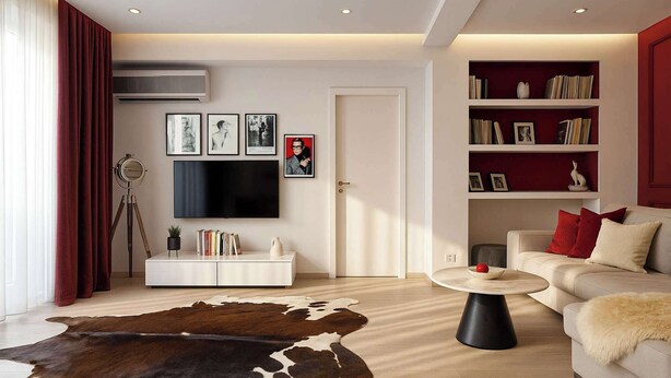 A modern living room with a flat-screen TV, a bookshelf, a sofa, and a cowhide rug. - Qult·co - Old City Pearl (București)