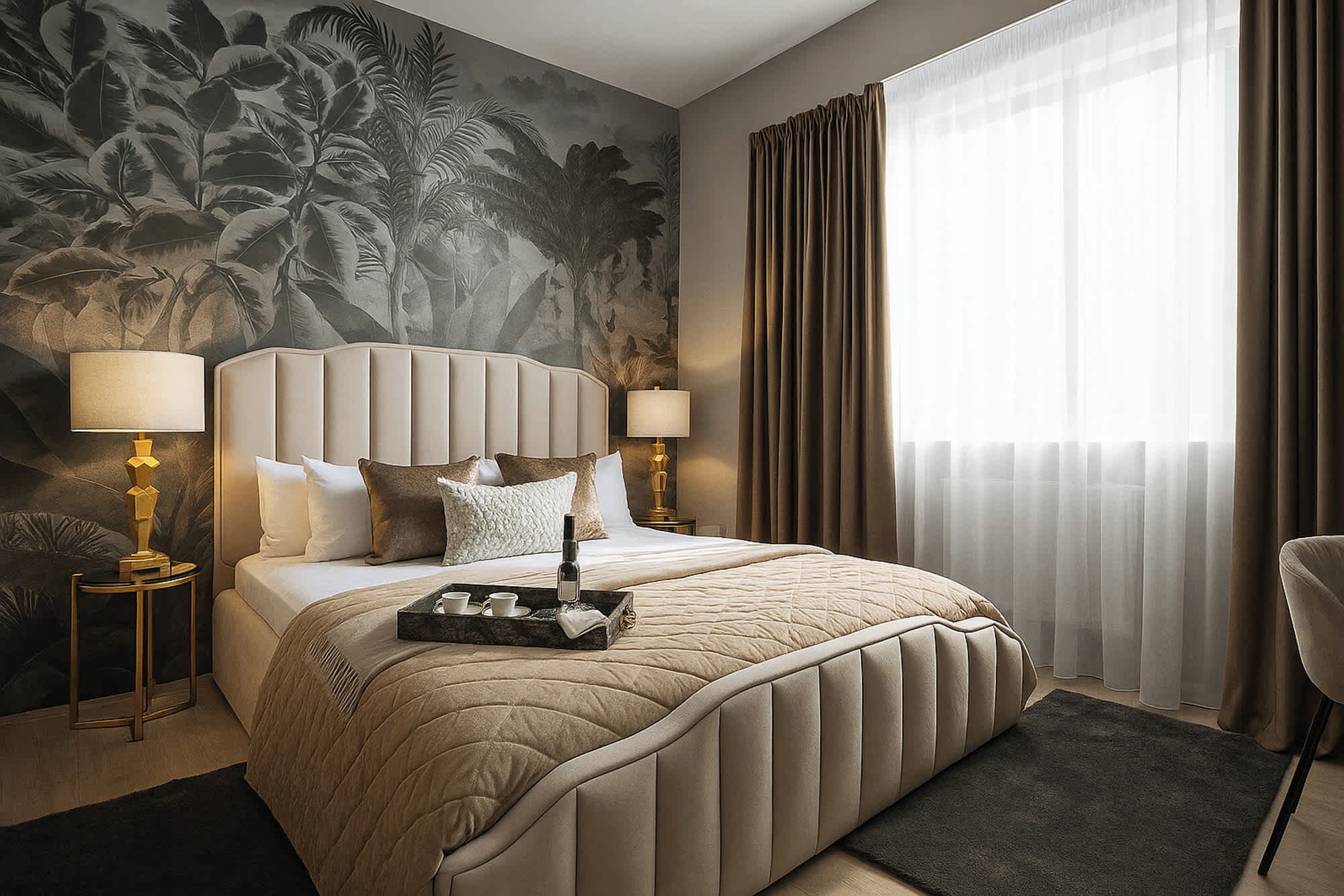 A hotel room with a large bed, two bedside lamps, a tray with cups and a bottle, and a mural on the wall.
