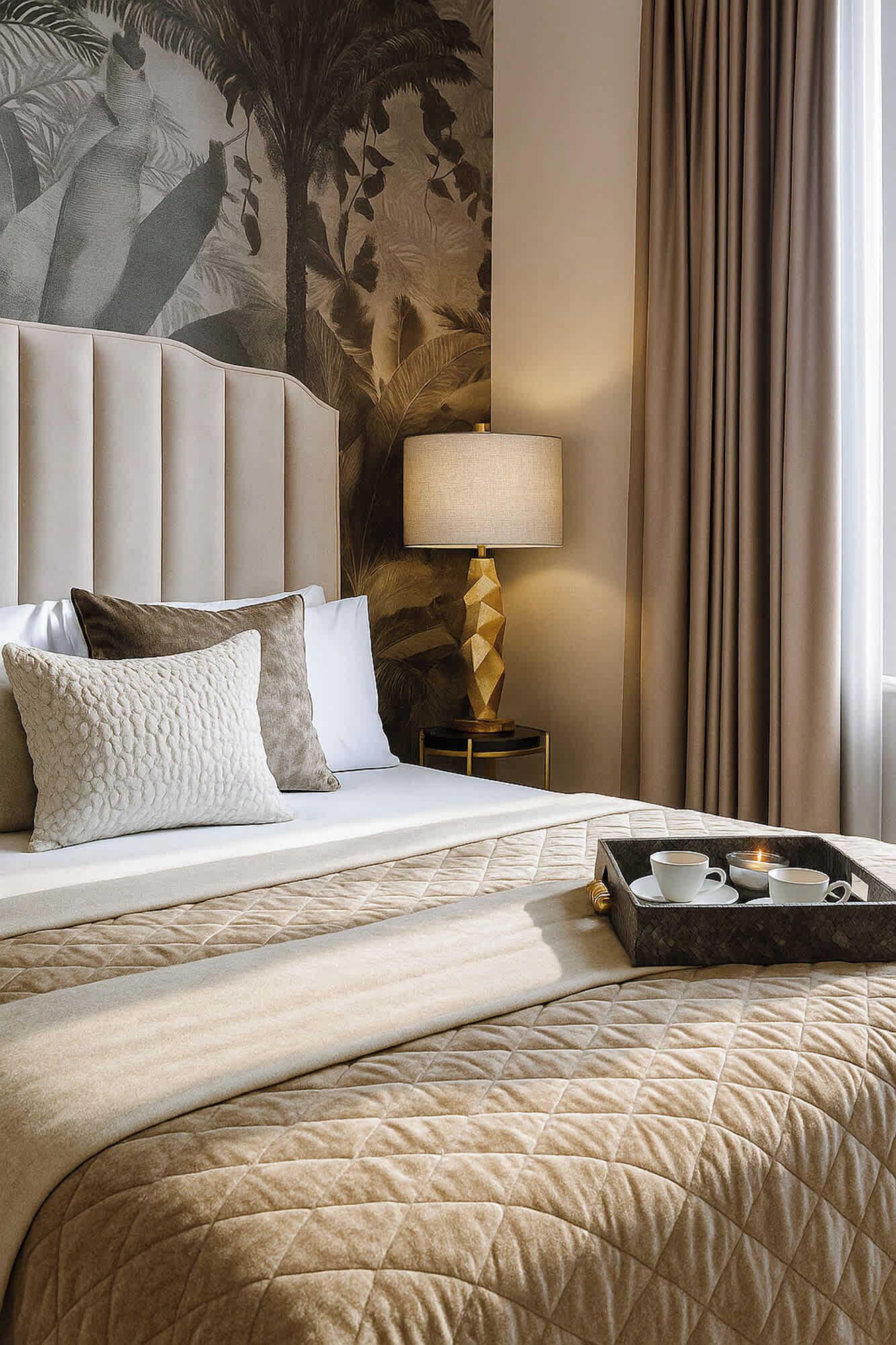 A hotel room with a large bed, a nightstand with a lamp, a tray with cups and a candle, and a wall mural.