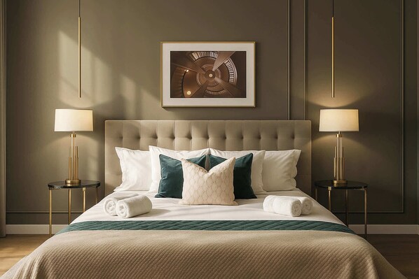 Uma cama bem arrumada com cabeceira estofada, duas luminárias de apoio e uma obra de arte emoldurada acima.