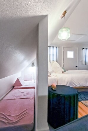 1 bedroom, desk, iron/ironing board, travel cot