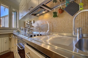 A modern kitchen with a stainless steel stove, a sink, and a window overlooking a garden. - MOORS private terrace San-Marco (Venice)