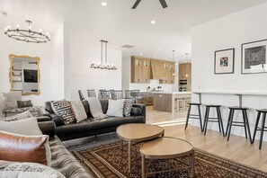 TV, fireplace, video games, foosball