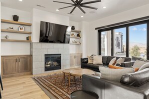 TV, fireplace, video games, foosball