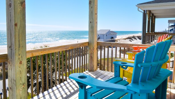 A wooden deck with a view of the beach and ocean. - Sandy By The Sea | Gorgeous Oceanfront Retreat + Private Elevator! (North Topsail Beach)