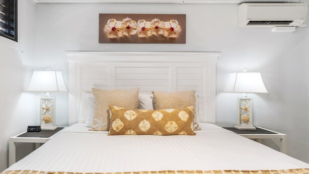 Habitación de hotel con cama, dos mesitas de noche, lámparas, aire acondicionado montado en la pared y una obra de arte floral.