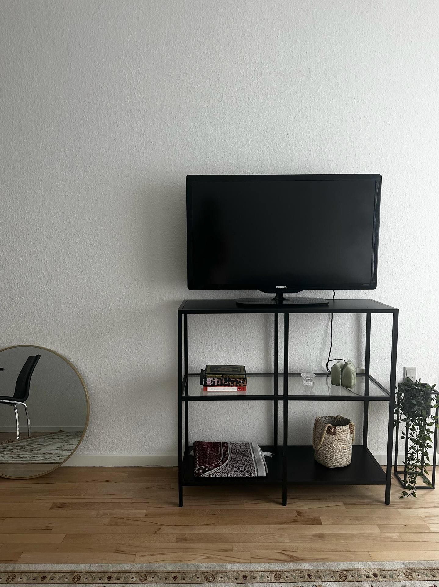 A black TV on a black TV stand with shelves, a mirror, and a plant.