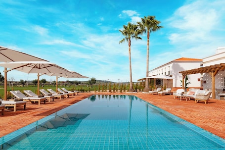 A swimming pool with lounge chairs and umbrellas, surrounded by palm trees and a white building.